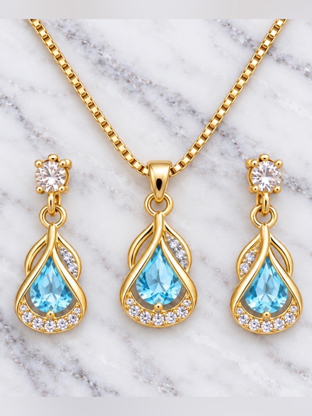 Gold-Tone Blue Teardrop Pendant Necklace & Earrings Set